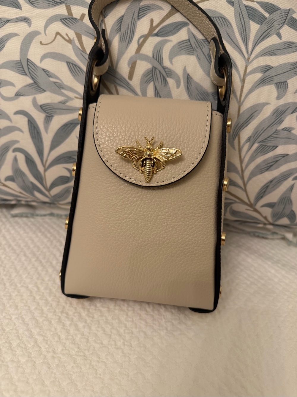 Italian Leather Mini Top Handle Bag Bee Clasp Beige Purse